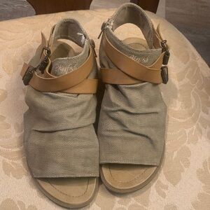 Blowfish Sage Canvas Slide Sandals with Tan Leather Straps
